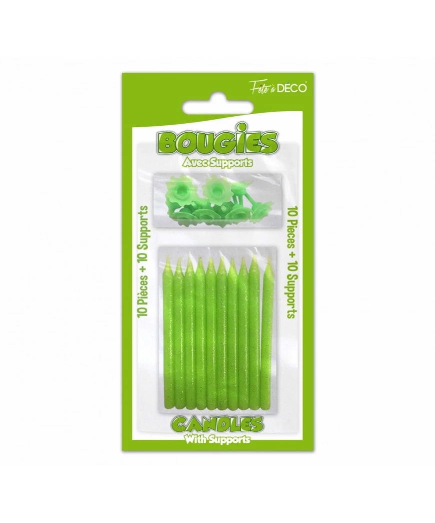 BOUGIE PAILLETTE X10 AVEC SUPPORTS VERT 1 BOUGIE PAILLETTE X10 AVEC SUPPORTS VERT